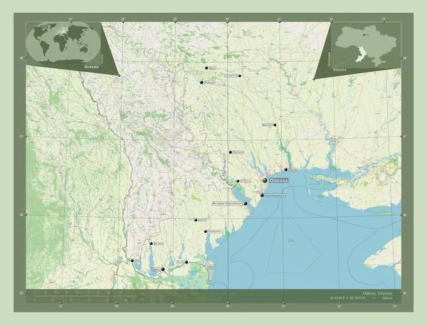 オデッサ ウクライナの地域 ストリートマップを開く 地域の主要都市の位置と名前 コーナー補助位置図 — ストック写真
