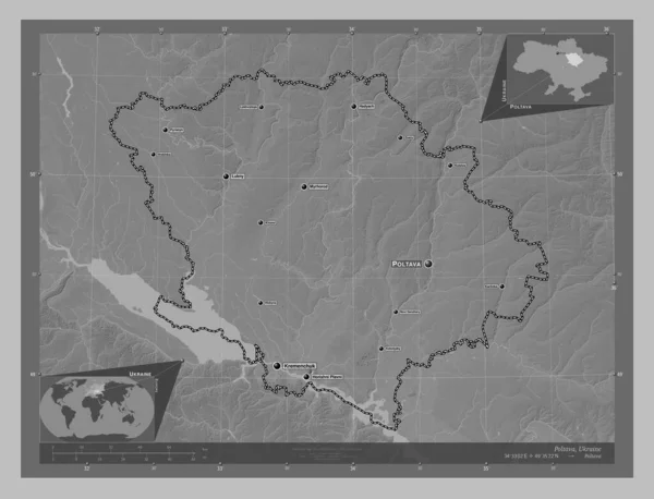 Połtawa Region Ukrainy Mapa Wzniesień Skali Szarości Jeziorami Rzekami Lokalizacje — Zdjęcie stockowe