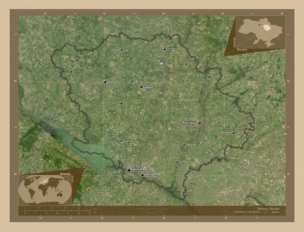 Poltava Ukrajna Régiója Kis Felbontású Műholdas Térkép Régió Nagyvárosainak Elhelyezkedése — Stock Fotó
