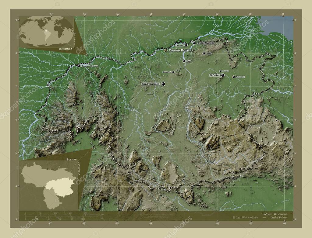 Bolívar, estado de Venezuela. Mapa de elevación coloreado en estilo