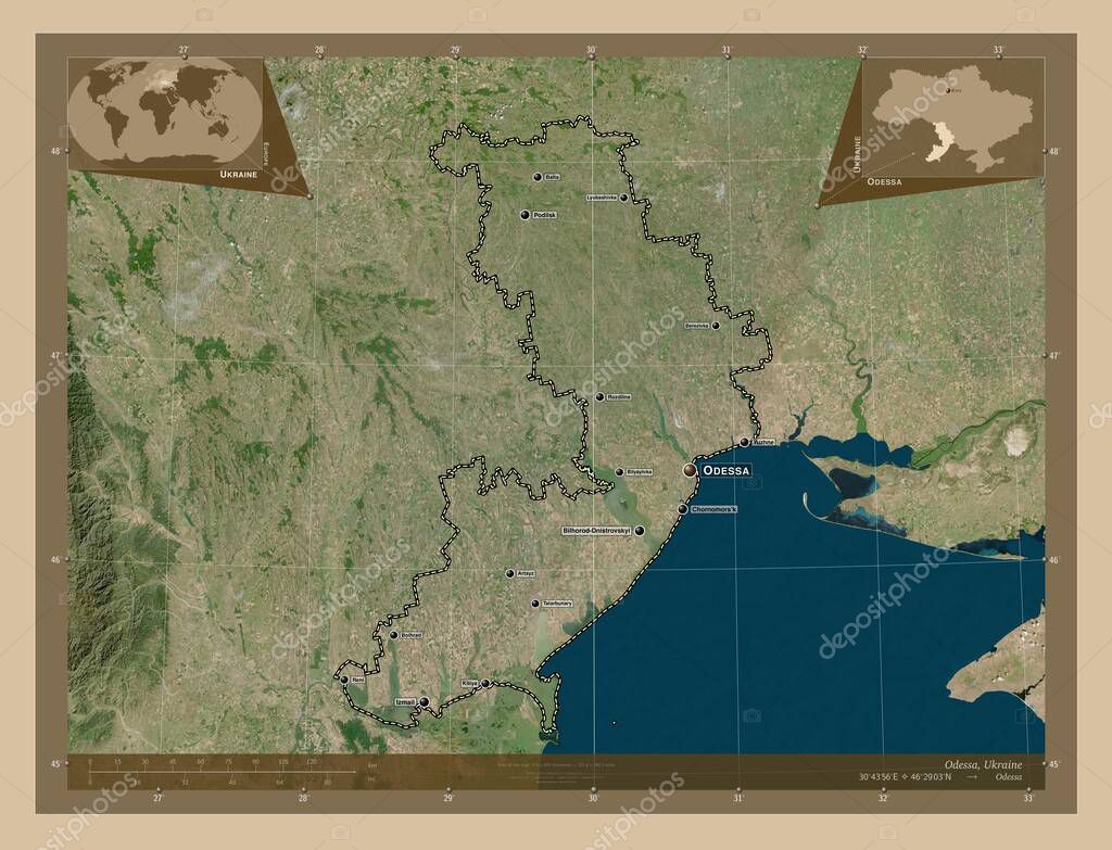 Odessa, región de Ucrania. Mapa satelital de baja resolución ...