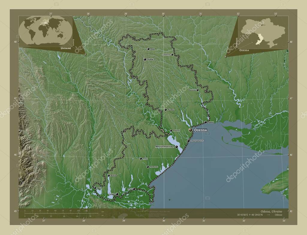 Odessa, región de Ucrania. Mapa de elevación coloreado en estilo wiki ...