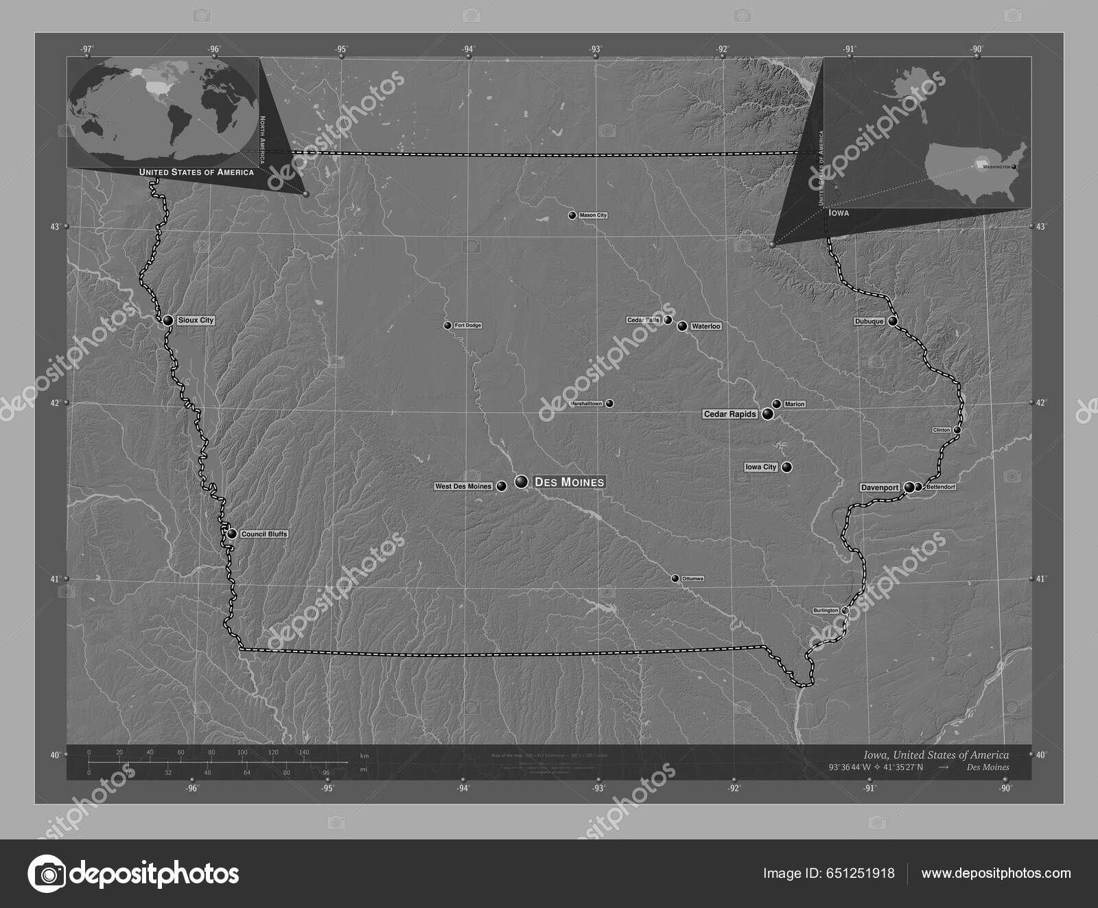Iowa State United States America Bilevel Elevation Map Lakes.