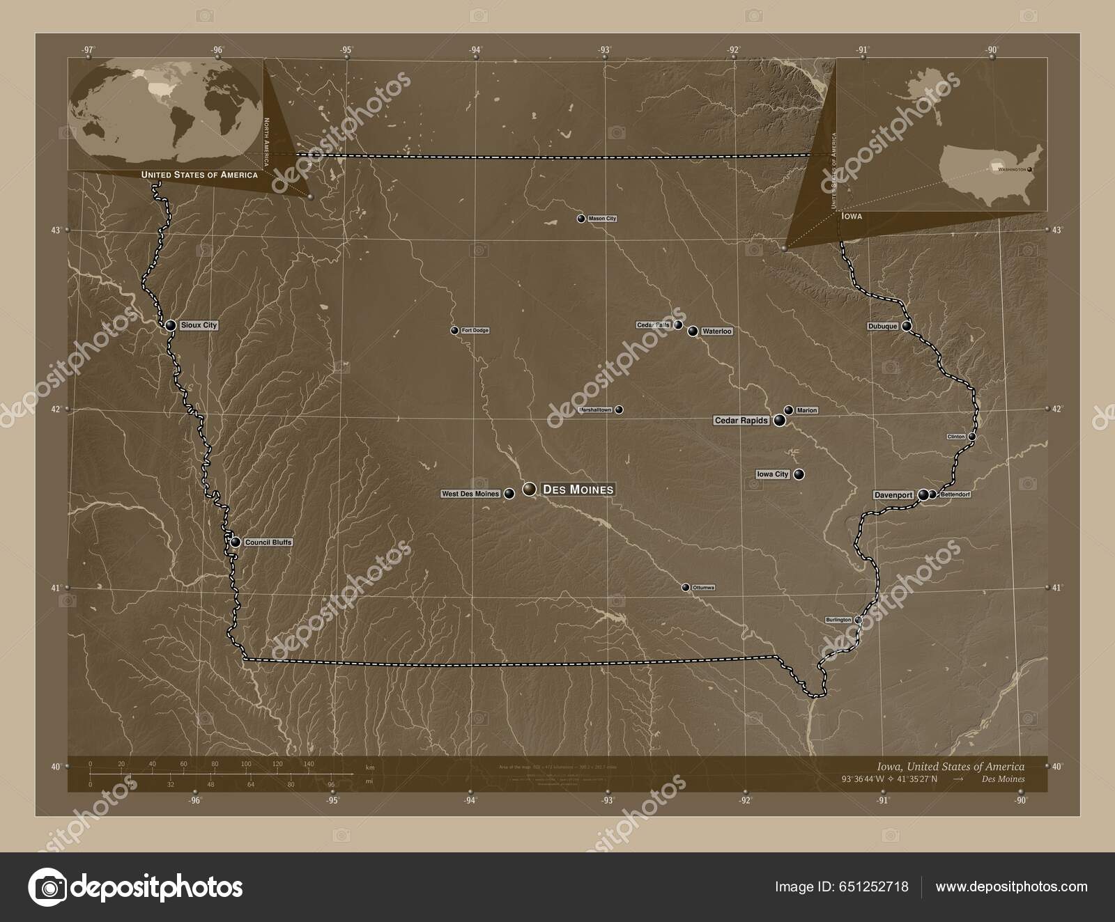 Iowa State United States America Elevation Map Colored Sepia Tones.