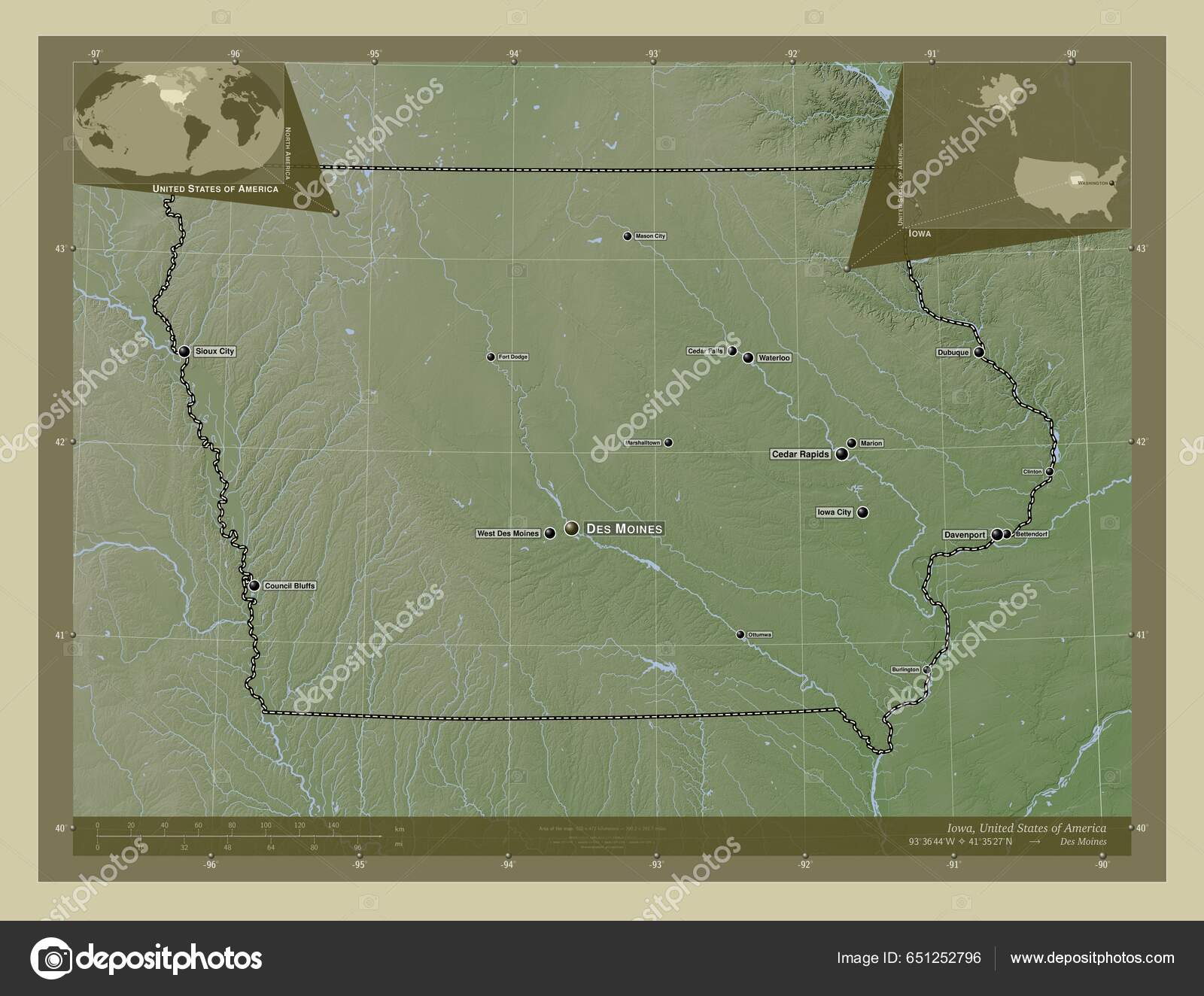 Iowa State United States America Elevation Map Colored Wiki Style.