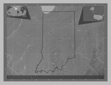 Indiana, Amerika Birleşik Devletleri. Gölleri ve nehirleri olan gri tonlama yükseklik haritası. Bölgenin büyük şehirlerinin yerleri. Köşedeki yedek konum haritaları