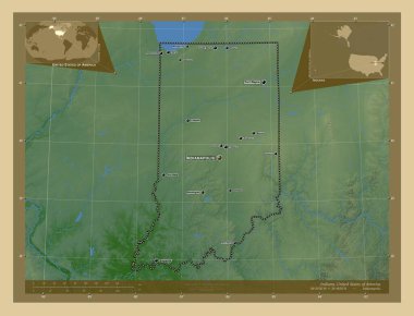 Indiana, Amerika Birleşik Devletleri. Gölleri ve nehirleri olan renkli yükseklik haritası. Bölgenin büyük şehirlerinin yerleri ve isimleri. Köşedeki yedek konum haritaları