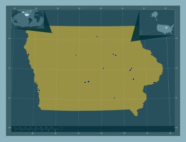 Iowa, Amerika Birleşik Devletleri. Katı renk şekli. Bölgenin büyük şehirlerinin yerleri. Köşedeki yedek konum haritaları