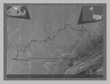 Kentucky, Amerika Birleşik Devletleri. Gölleri ve nehirleri olan gri tonlama yükseklik haritası. Bölgenin büyük şehirlerinin yerleri. Köşedeki yedek konum haritaları