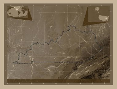 Kentucky, Amerika Birleşik Devletleri. Yükseklik haritası sepya tonlarında göller ve nehirlerle renklendirilmiş. Köşedeki yedek konum haritaları