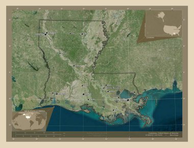 Louisiana, Amerika Birleşik Devletleri. Yüksek çözünürlüklü uydu. Bölgenin büyük şehirlerinin yerleri ve isimleri. Köşedeki yedek konum haritaları