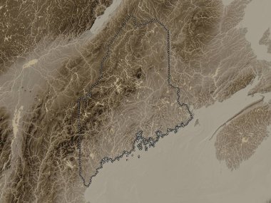 Maine, Amerika Birleşik Devletleri. Yükseklik haritası sepya tonlarında göller ve nehirlerle renklendirilmiş