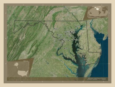 Maryland, Amerika Birleşik Devletleri. Yüksek çözünürlüklü uydu. Bölgenin büyük şehirlerinin yerleri ve isimleri. Köşedeki yedek konum haritaları