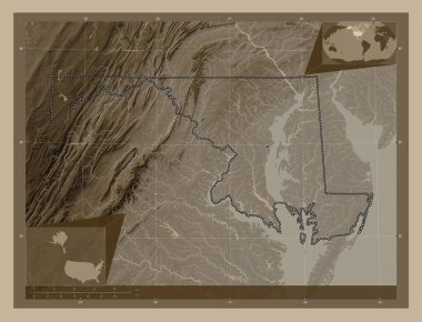 Maryland, Amerika Birleşik Devletleri. Yükseklik haritası sepya tonlarında göller ve nehirlerle renklendirilmiş. Köşedeki yedek konum haritaları