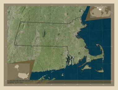 Massachusetts, Amerika Birleşik Devletleri. Yüksek çözünürlüklü uydu. Köşedeki yedek konum haritaları
