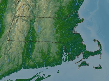 Massachusetts, Amerika Birleşik Devletleri. Gölleri ve nehirleri olan renkli yükseklik haritası