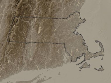 Massachusetts, Amerika Birleşik Devletleri. Yükseklik haritası sepya tonlarında göller ve nehirlerle renklendirilmiş