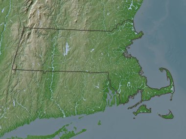 Massachusetts, Amerika Birleşik Devletleri. Yükseklik haritası göller ve nehirlerle wiki stilinde renklendirilmiştir