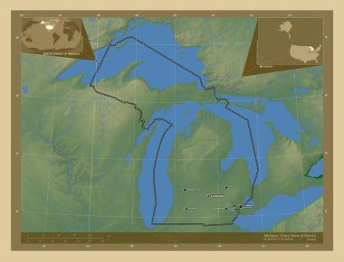 Michigan, Amerika Birleşik Devletleri. Gölleri ve nehirleri olan renkli yükseklik haritası. Bölgenin büyük şehirlerinin yerleri ve isimleri. Köşedeki yedek konum haritaları