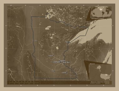 Minnesota, Amerika Birleşik Devletleri. Yükseklik haritası sepya tonlarında göller ve nehirlerle renklendirilmiş. Bölgenin büyük şehirlerinin yerleri ve isimleri. Köşedeki yedek konum haritaları