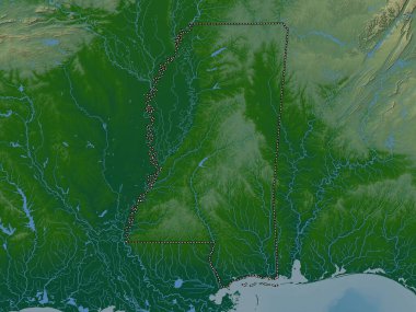 Mississippi, Amerika Birleşik Devletleri. Gölleri ve nehirleri olan renkli yükseklik haritası