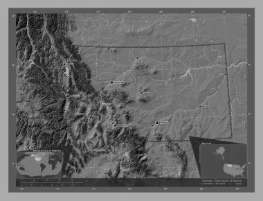 Montana, Amerika Birleşik Devletleri. Göllü ve nehirli çift katlı yükseklik haritası. Bölgenin büyük şehirlerinin yerleri ve isimleri. Köşedeki yedek konum haritaları