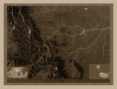Montana, Amerika Birleşik Devletleri. Yükseklik haritası sepya tonlarında göller ve nehirlerle renklendirilmiş. Köşedeki yedek konum haritaları