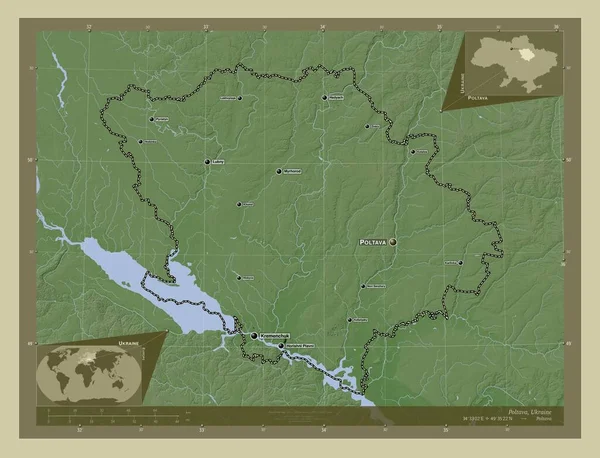 乌克兰Poltava地区 用Wiki风格绘制的带有湖泊和河流的高程地图 该区域主要城市的地点和名称 角辅助位置图 — 图库照片