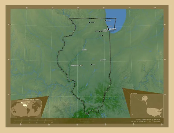 Illinois Stan Stany Zjednoczone Ameryki Kolorowa Mapa Wzniesień Jeziorami Rzekami — Zdjęcie stockowe
