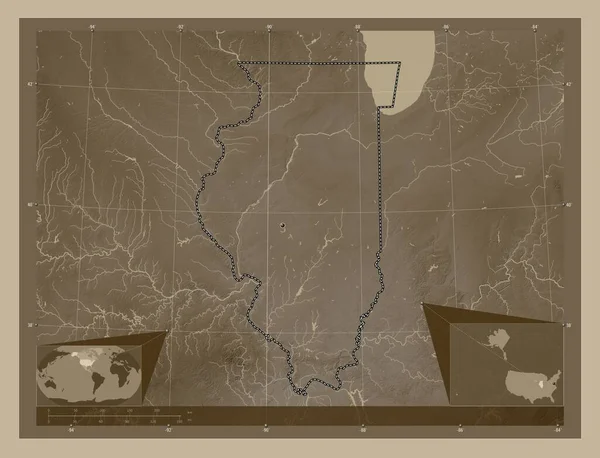 Illinois Amerika Birleşik Devletleri Yükseklik Haritası Sepya Tonlarında Göller Nehirlerle — Stok fotoğraf