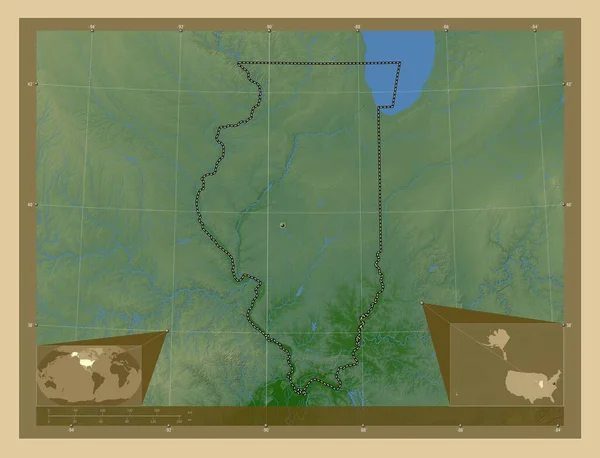 Іллінойс Штат Сша Кольорові Карти Висот Озерами Річками Кутові Допоміжні — стокове фото