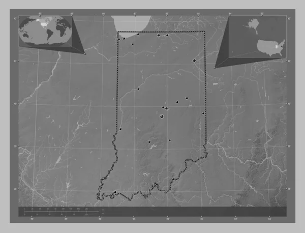 Indiana Amerikai Egyesült Államok Szürkeárnyas Térkép Tavakkal Folyókkal Régió Nagyvárosainak — Stock Fotó