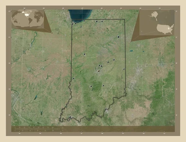 インディアナ州 アメリカの州 高解像度衛星地図 地域の主要都市の場所 コーナー補助位置図 — ストック写真