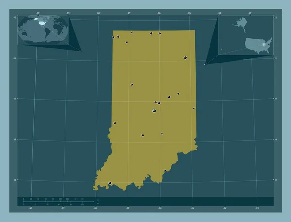 印第安纳州 美利坚合众国的一个州 固体的颜色形状 该区域主要城市的所在地点 角辅助位置图 — 图库照片