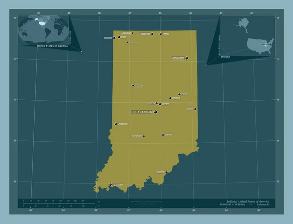 インディアナ州 アメリカの州 しっかりした色の形 地域の主要都市の位置と名前 コーナー補助位置図 — ストック写真