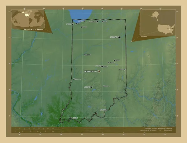 インディアナ州 アメリカの州 湖や川と色の標高マップ 地域の主要都市の位置と名前 コーナー補助位置図 — ストック写真