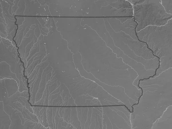 Iowa Amerikai Egyesült Államok Szürkeárnyas Domborzati Térkép Tavakkal Folyókkal — Stock Fotó