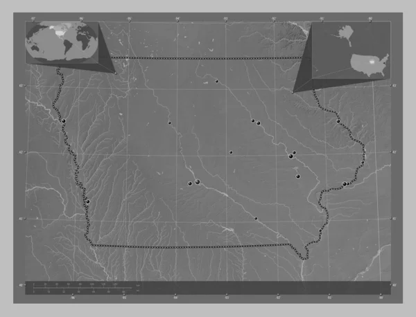 Iowa Amerikas Förenta Stater Grayscale Höjdkarta Med Sjöar Och Floder — Stockfoto