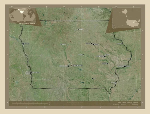美国爱荷华州 高分辨率卫星地图 该区域主要城市的地点和名称 角辅助位置图 — 图库照片