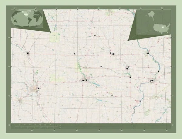 美国爱荷华州 开放街道地图 该区域主要城市的所在地点 角辅助位置图 — 图库照片