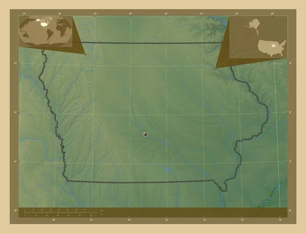 Iowa Stan Stany Zjednoczone Ameryki Kolorowa Mapa Wzniesień Jeziorami Rzekami — Zdjęcie stockowe