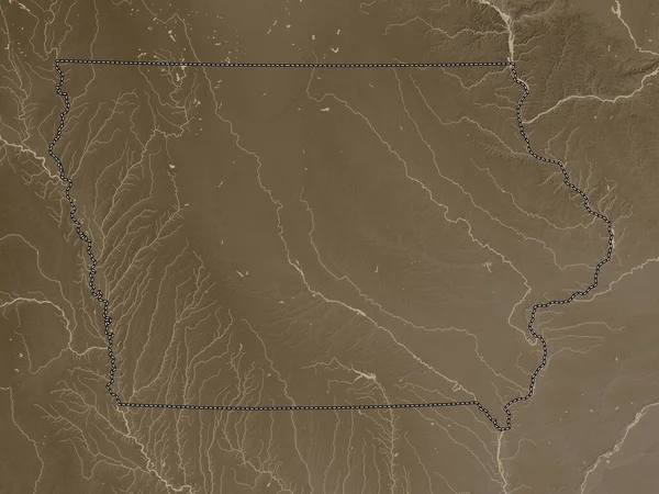 美国爱荷华州 带有湖泊和河流的深紫色色调的高程图 — 图库照片