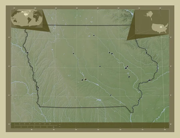 美国爱荷华州 用Wiki风格绘制的带有湖泊和河流的高程地图 该区域主要城市的所在地点 角辅助位置图 — 图库照片