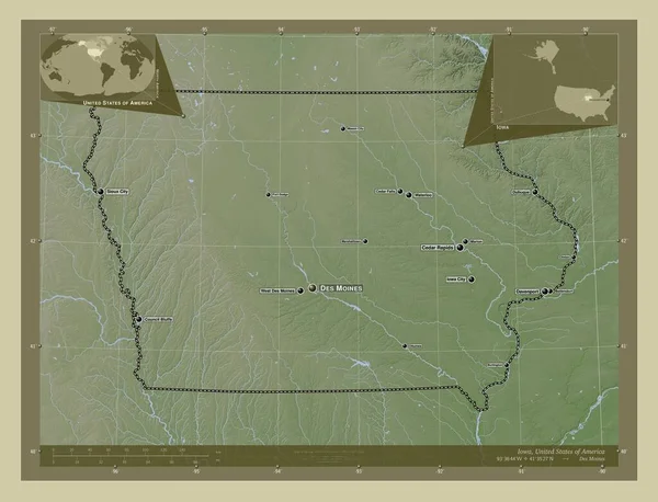 美国爱荷华州 用Wiki风格绘制的带有湖泊和河流的高程地图 该区域主要城市的地点和名称 角辅助位置图 — 图库照片