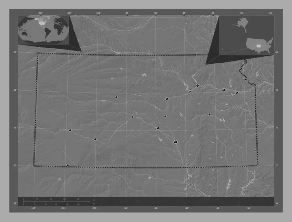 Kansas Stan Stany Zjednoczone Ameryki Dwupoziomowa Mapa Jeziorami Rzekami Lokalizacje — Zdjęcie stockowe