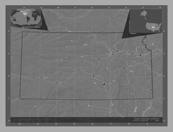 Канзас Штат Соединенные Штаты Америки Карта Рельефа Билевела Озерами Реками — стоковое фото