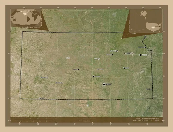 Kansas Verenigde Staten Van Amerika Lage Resolutie Satellietkaart Locaties Namen — Stockfoto