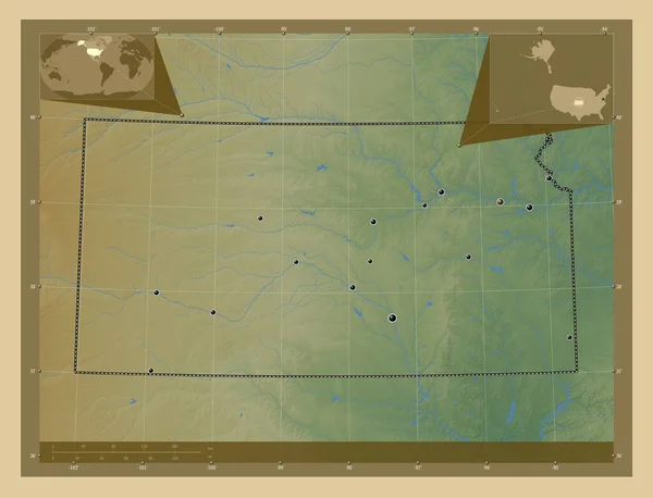 堪萨斯州 美利坚合众国 有湖泊和河流的彩色高程图 该区域主要城市的所在地点 角辅助位置图 — 图库照片