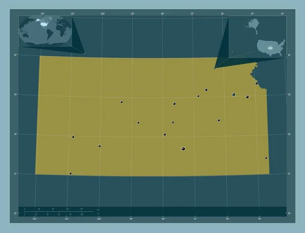 カンザス州 アメリカ合衆国の州 しっかりした色の形 地域の主要都市の場所 コーナー補助位置図 — ストック写真