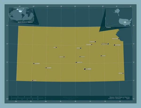 カンザス州 アメリカ合衆国の州 しっかりした色の形 地域の主要都市の位置と名前 コーナー補助位置図 — ストック写真